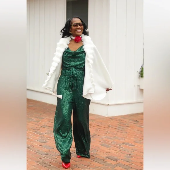 Boston Proper Sequin Cowl Neck Jumpsuit in Deep Emerald- Worn Once for pics - Picture 3 of 9